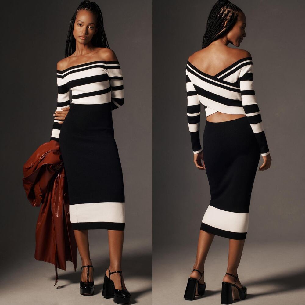 Anthropologie Le Superbe Fall in Ribbed Striped Knit Sweater Midi Dress Medium